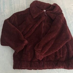 Maroon Teddy Jacket with Soft Fuzzy Texture and Collared Neckline